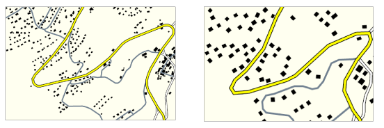 Buildings and road network and their representation at the LoD 1:25'000 (left-hand figure) and 1:100'000 (right-hand figure)