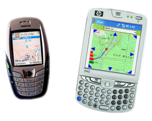 Typical LBS devices: Nokia mobile        phone with Route66 routing software and Hewlett Packard PDA with the WebPark        Information System (courtesy of Swiss National Park).