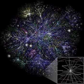 Visualisation of the various routes through a portion of the Internet