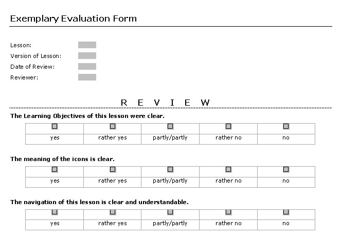 Exemplary questions for an evaluation form